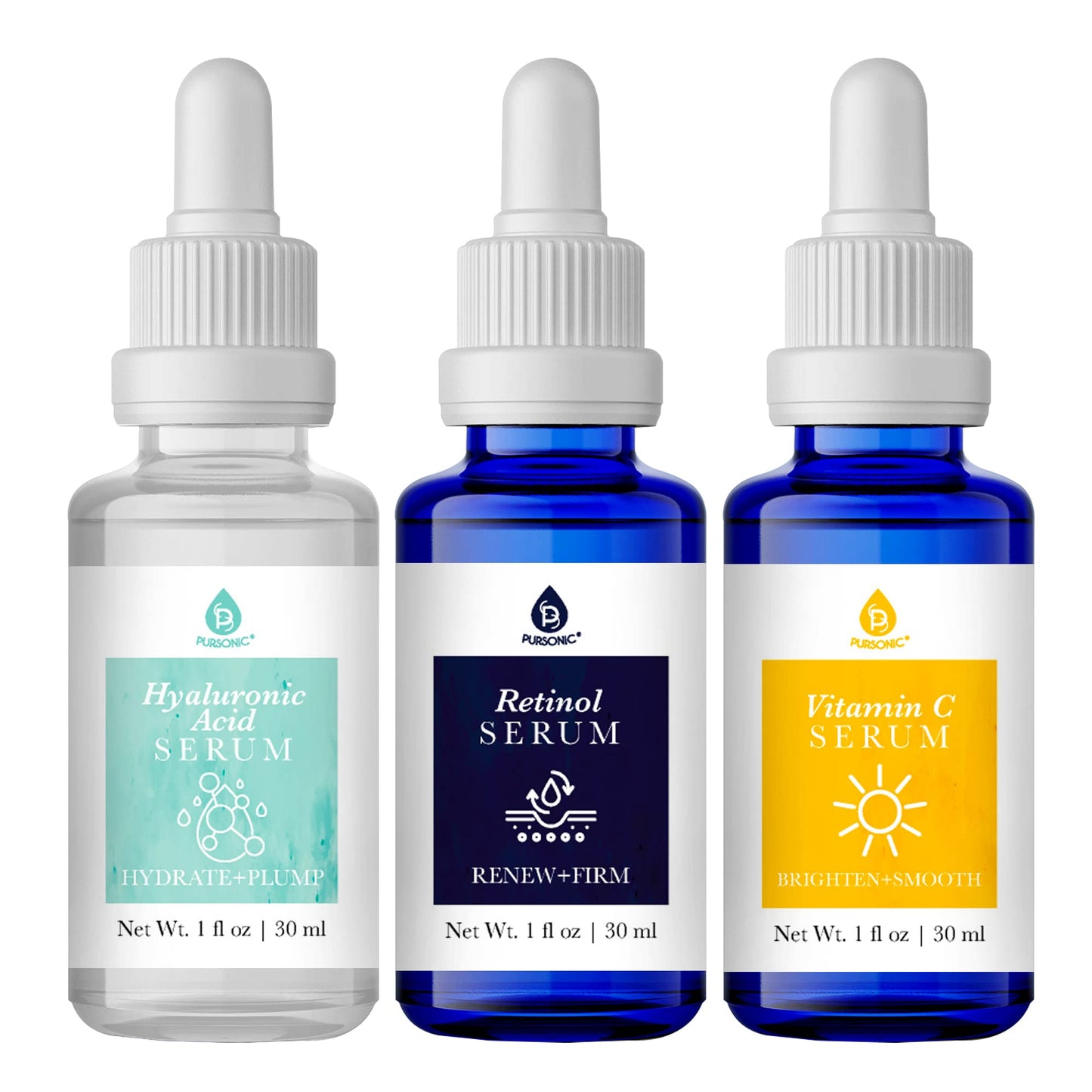 PURSONIC Anti Aging Skin Care Set of 3 - Hyaluronic Acid Serum Retinol Serum & Vitamin C Face Serum for Women — Nourishing Hydrating Serum for Face Smoothed Wrinkles Dryness Fine Lines