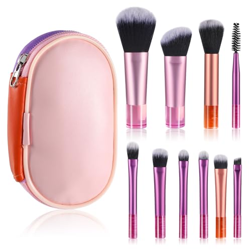 10 Pcs Travel Makeup Brush Set Travel Size Mini Makeup Brushes With Pack Make Up Brushes Portable Small Eyeshadow Foundation Shadow Contour Blush Concealer Brush Colorful Pink